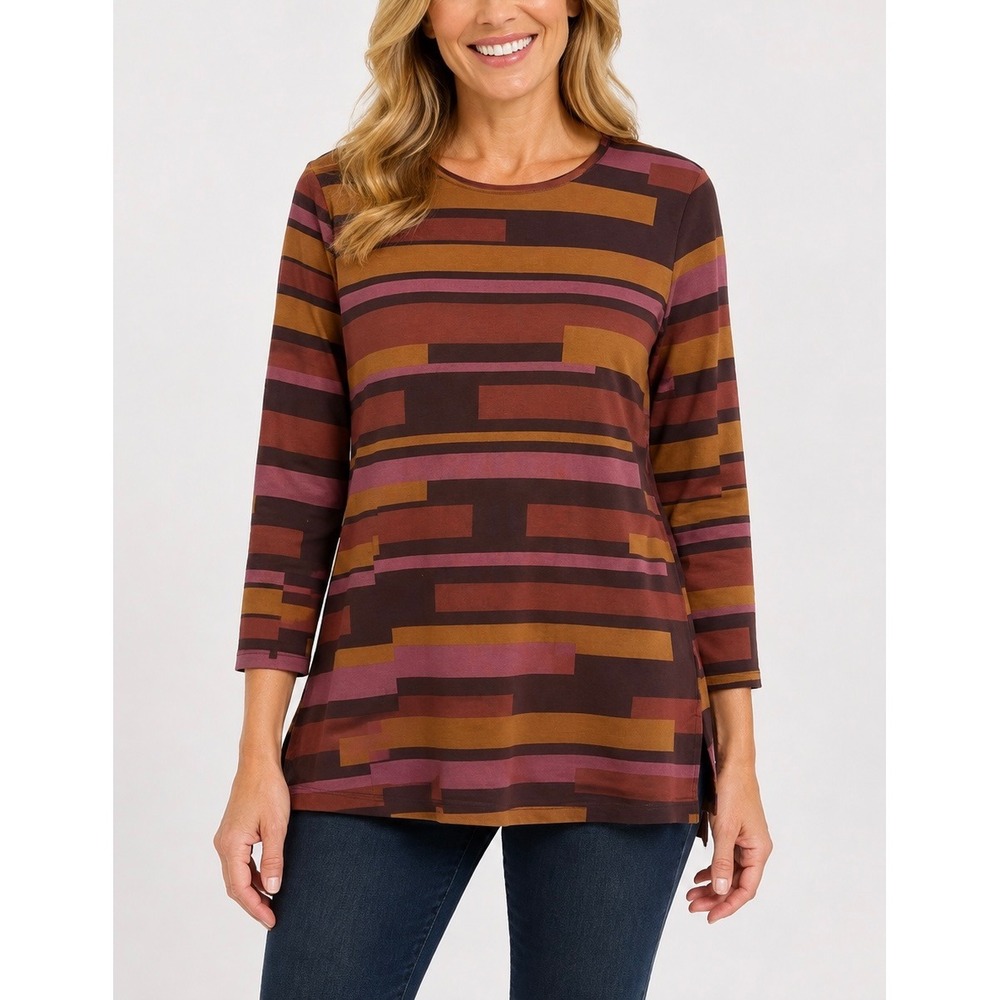 Denim & Co Tunic Top Women M Brown Plum Geometric Stripe Mod Casual Aesthetic